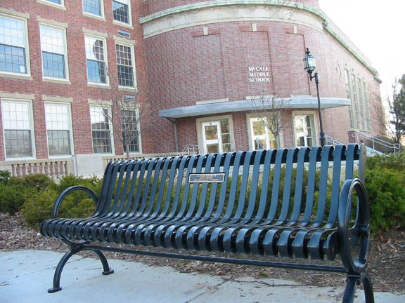 Bench in Petes memory outside McCall Middle School