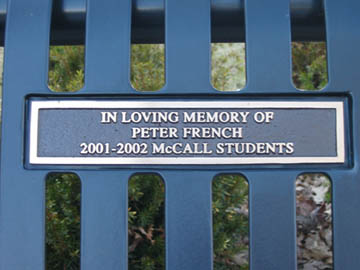 Plaque on the bench outside McCall Middle School